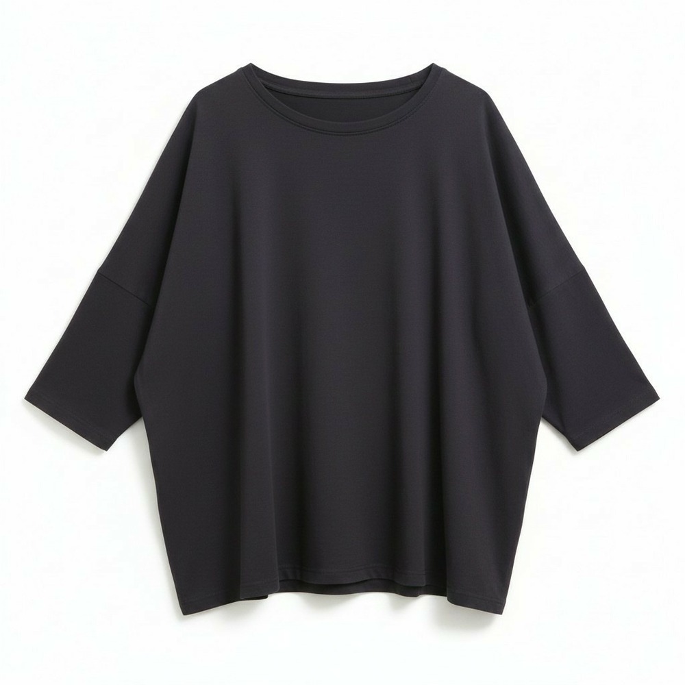 Mersea Oversized Black Boxy Cotton 3/4 Sleeve Top, One Size